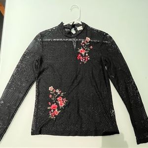 Lace crocheted, see-through, black long sleeve shirt with embroidered flowers